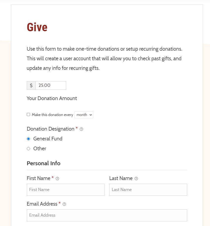 Screen cap of donation page