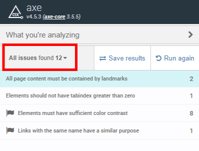Axe results with "12 issues found" highlighted