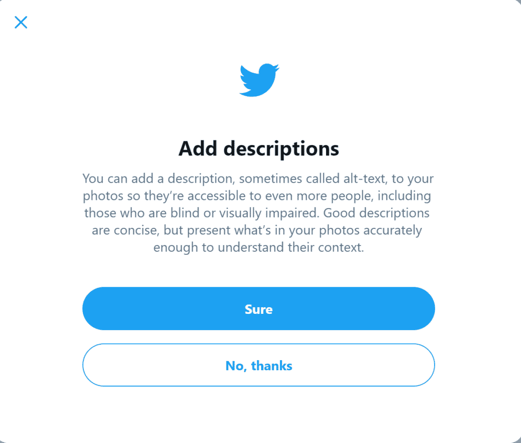 A screen capture of a Twitter popup that explains to Twitter users why alt text is important