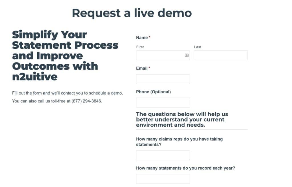 a sample of a form for requesting a live demo of a product with fields for name, email, phone number and questions for understanding current needs