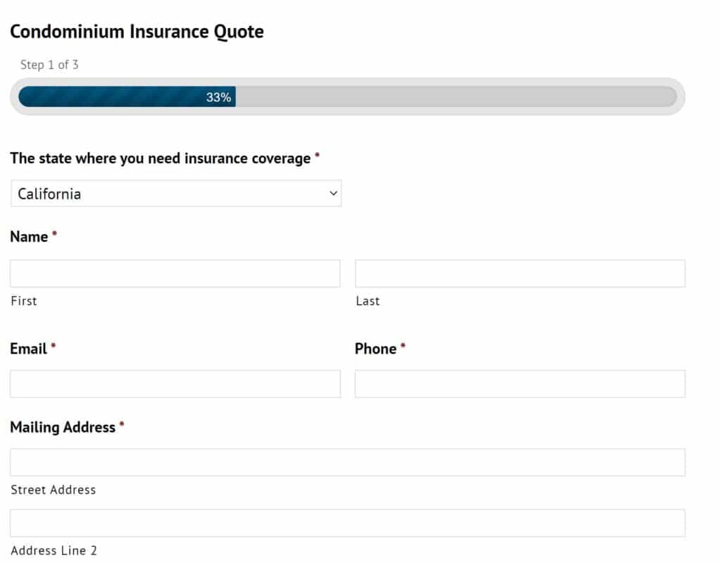 an example of an insurance quote form with fields for the state you need coverage for, name, email, phone number and mailing address