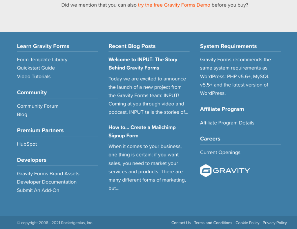 Gravity Forms website footer.