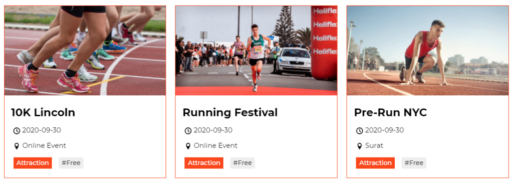 A screenshot of three listings for various marathon events.