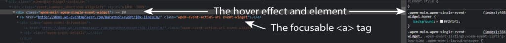 A screenshot of the event code, highlighting the div wrapper and its hover effect while point out the link tag below it.