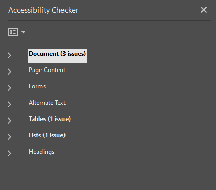 A screenshot of Acrobat's accessibility checker pane shower the parent categories: Document (3 issues), page content, forms, alternate text, tables (1 issue), lists (1 issue), and headings